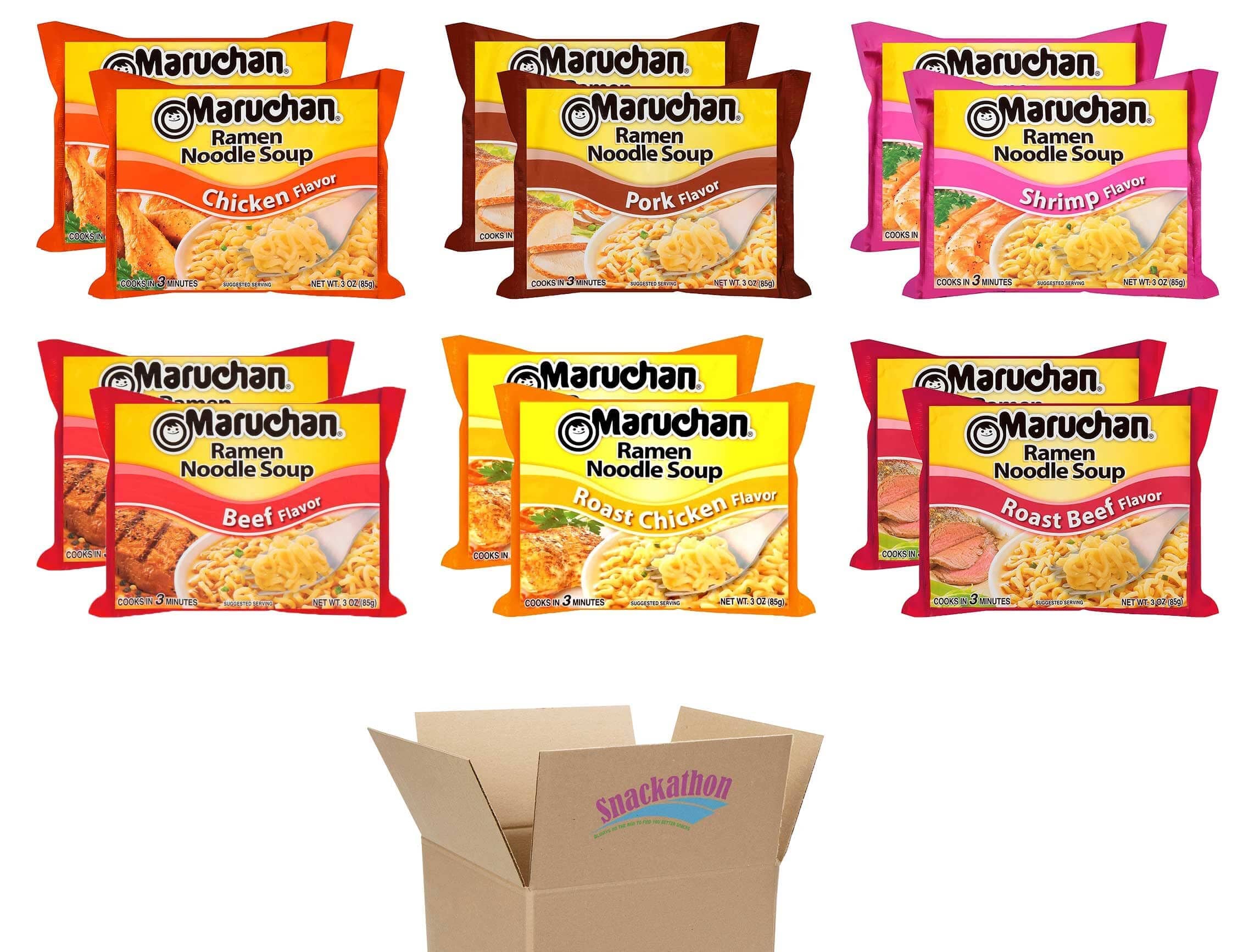Maruchan Ramen Noodle Soup Variety, 6 Flavors, 3 Ounce, 2 Packages each Flavor, Total 12 Packages (Chicken, Shrimp, Beef, Pork, Roast Chicken, Roast Beef)