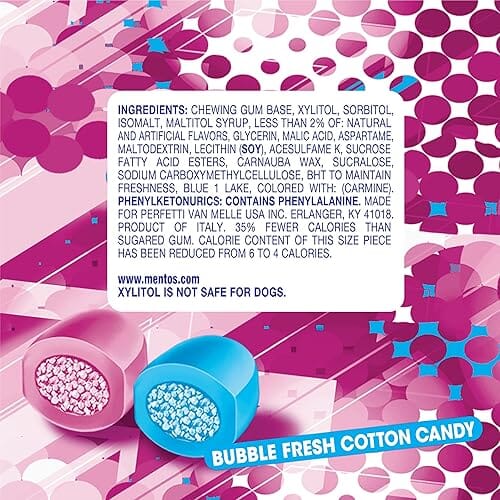 Mentos Gum Sugar Free, Bubble Fresh Cotton Candy, 45 Piece Bottle