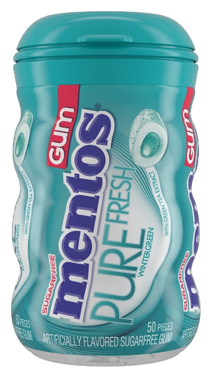 Mentos Gum Sugar Free, Curvy Bottle Wintergreen, 50 Piece Regular Bottle