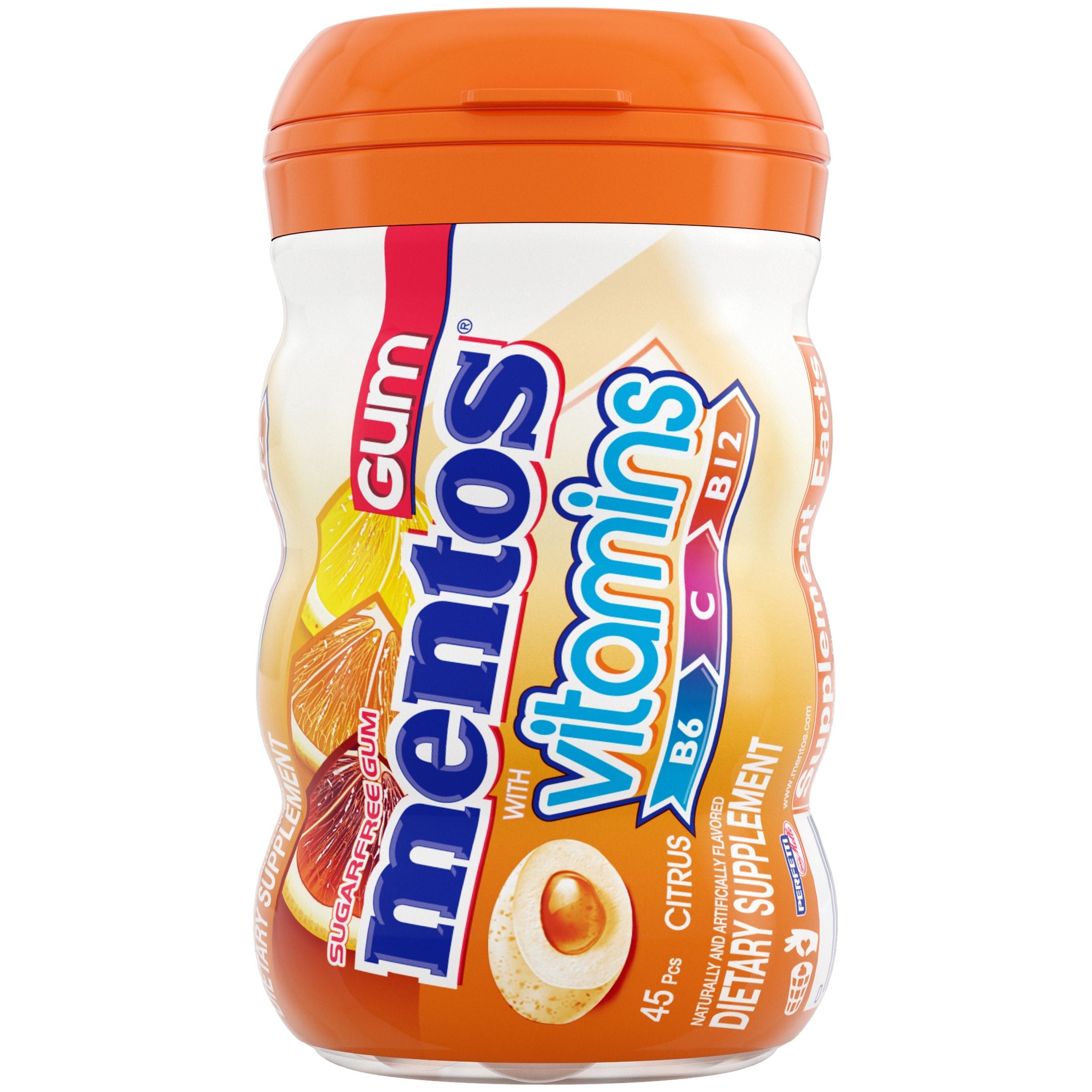 Mentos Gum Sugar Free, Vitamins Citrus, 45 Piece