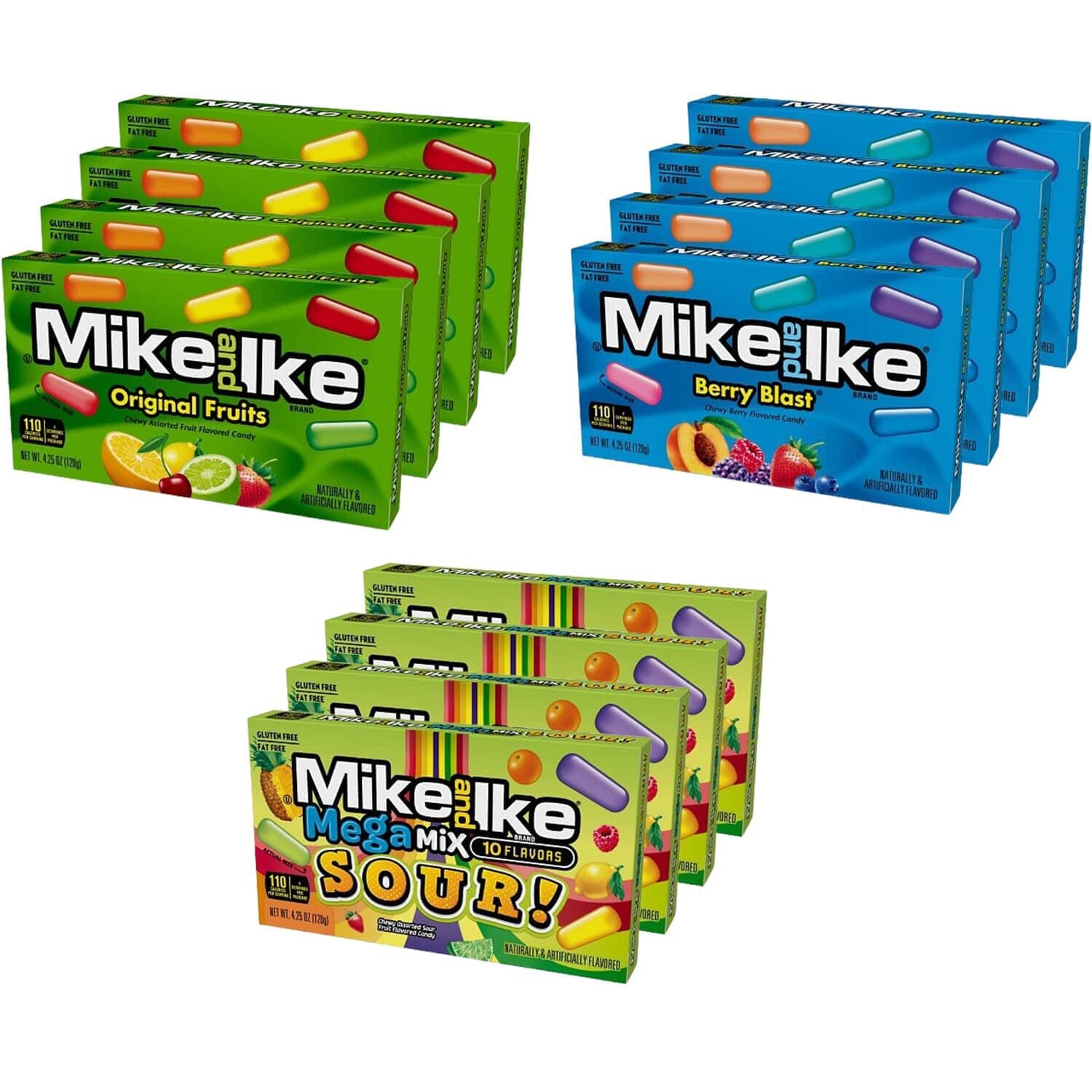 Mike & Ike Chewy Candy, Theater Box Variety Pack, 3 Flavors (Original, Sour, Berry), 4 Boxes each Flavor, 12 Boxes Total, 4.25 Ounce each Box