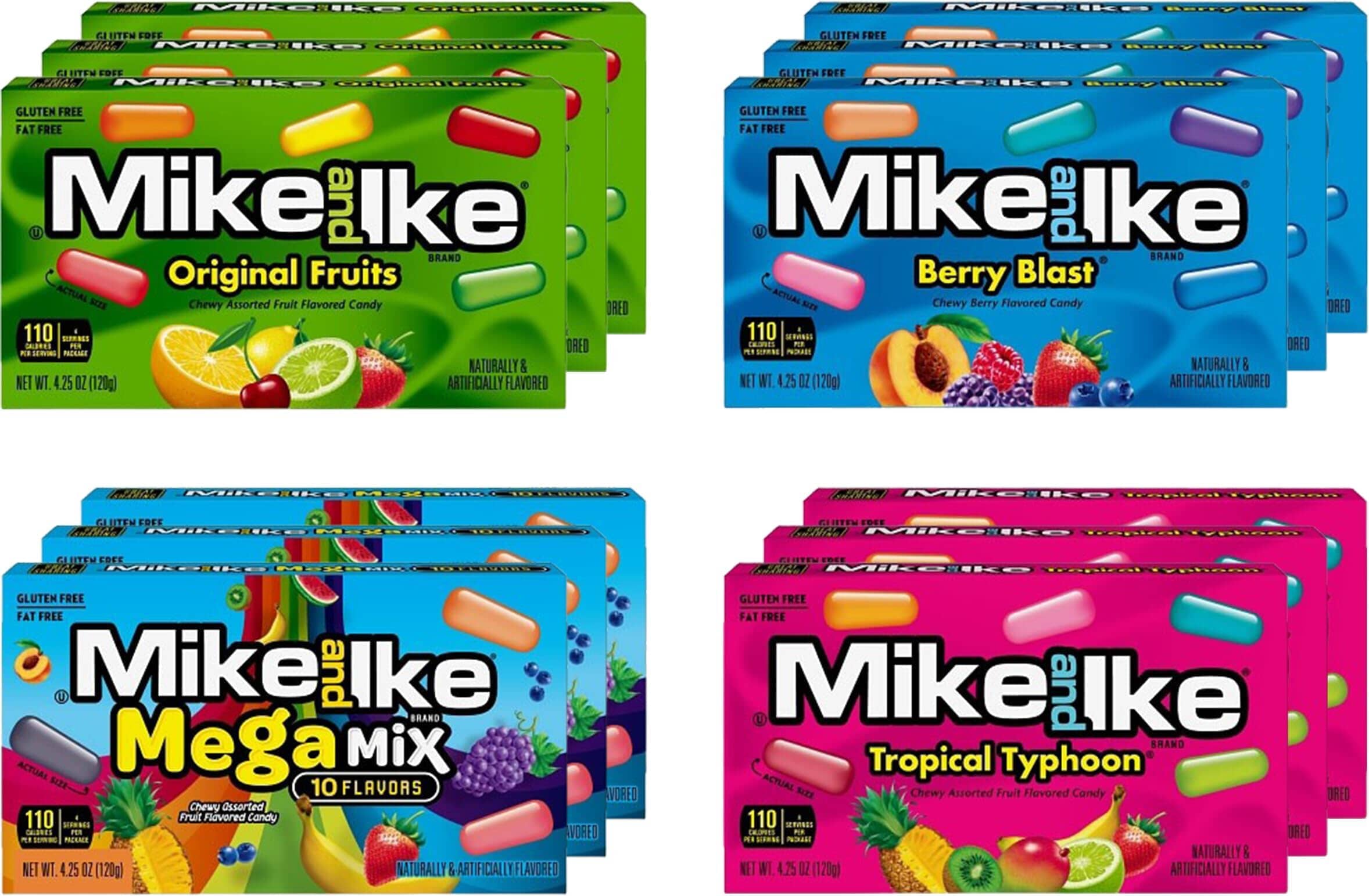Mike & Ike Chewy Candy, Theater Box Variety Pack, 4 Flavors (Original, Mega, Tropical, Berry), 3 Boxes each Flavor, 12 Boxes Total, 4.25 Ounce each Box