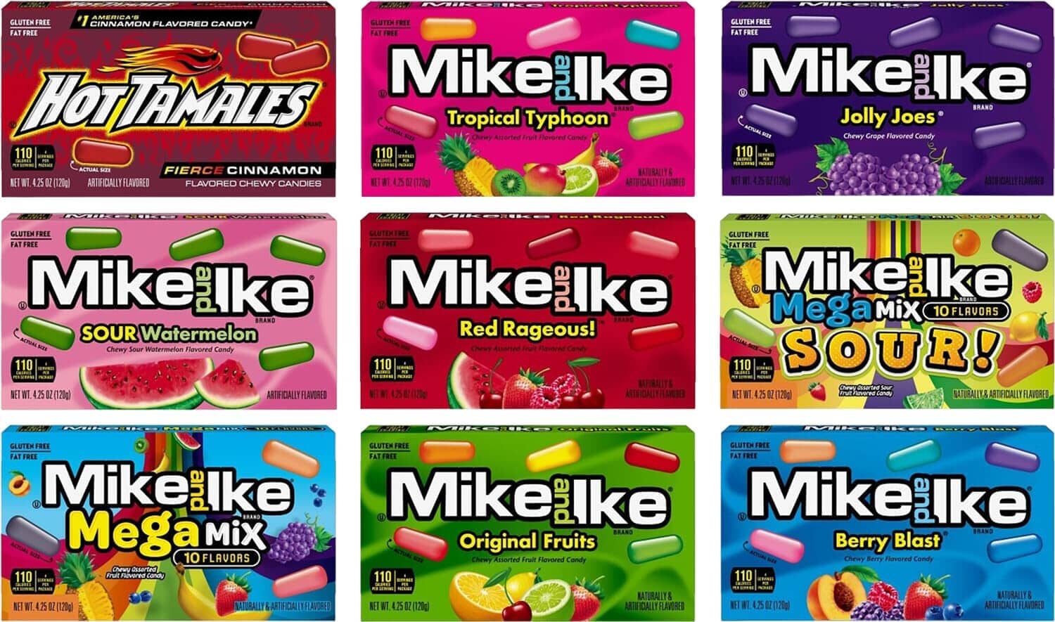 Mike & Ike Chewy Candy, Theater Box Variety Pack, 9 Flavors (Original, Mega, Tropical, Berry, Jolly, Red, Tamales, Mega Sour, Watermelon), 1 Box each Flavor, 9 Boxes Total, 4.25 Ounce each Box