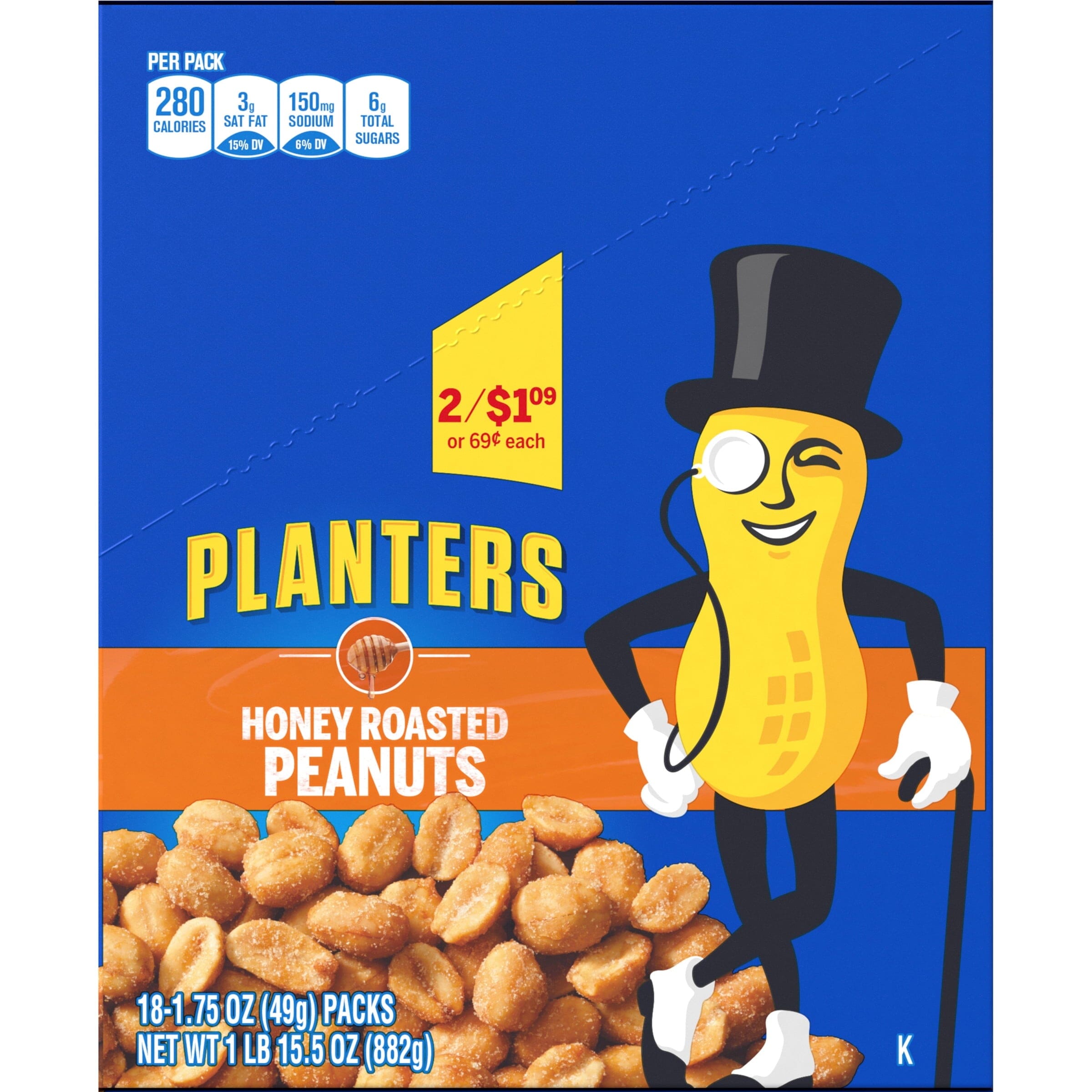 Planters Honey Roasted Peanuts, 18 ct Box, 1.75 oz Packs