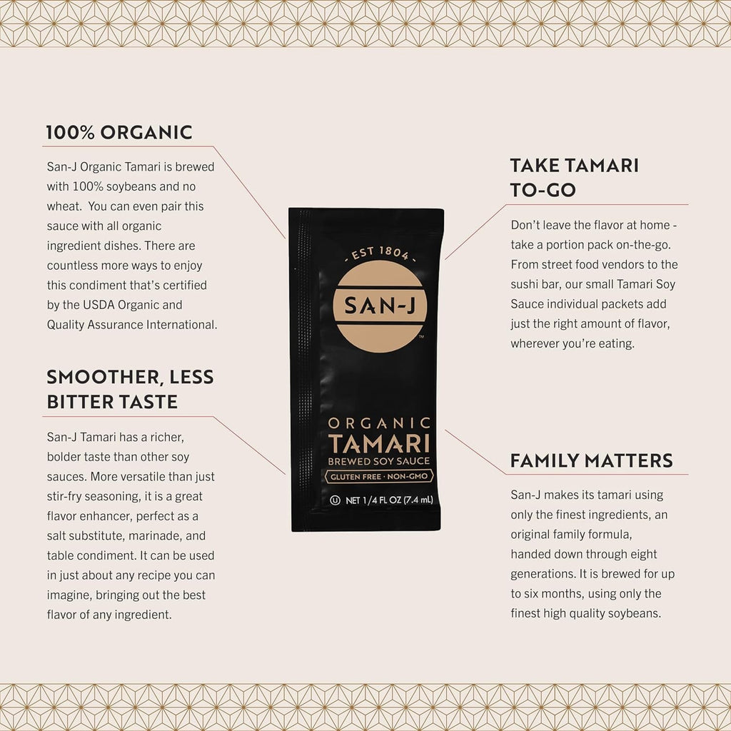 San J Organic Tamari Soy Sauce Gluten Free Non-GMO Gold Label Travel Packs, 0.25 Ounce Package. 200-Count