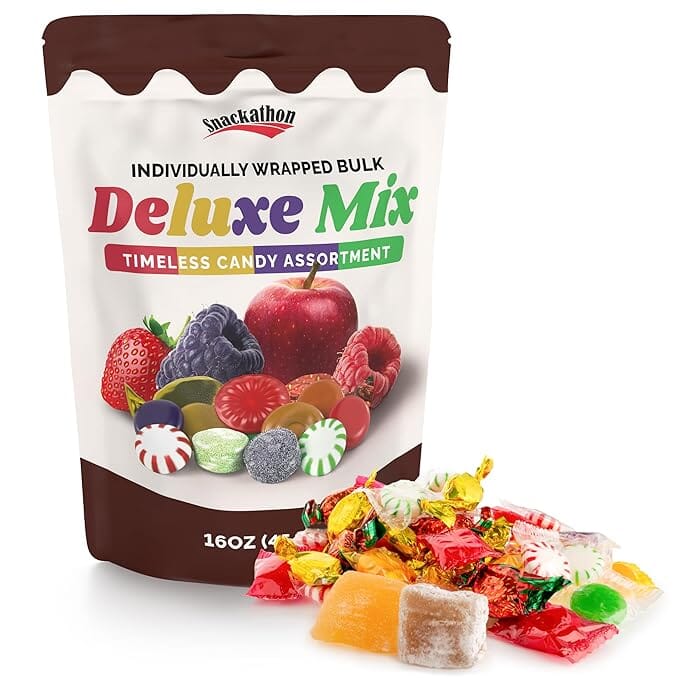 Snackathon Deluxe Mix - Old-Fashioned Hard Candy Assortment, Individually Wrapped (Peppermint, Spearmint, Strawberry, Cinnamon, Butterscotch, Fruit & More), 1 lb Resealable Pouch, Approx. 80 Pieces