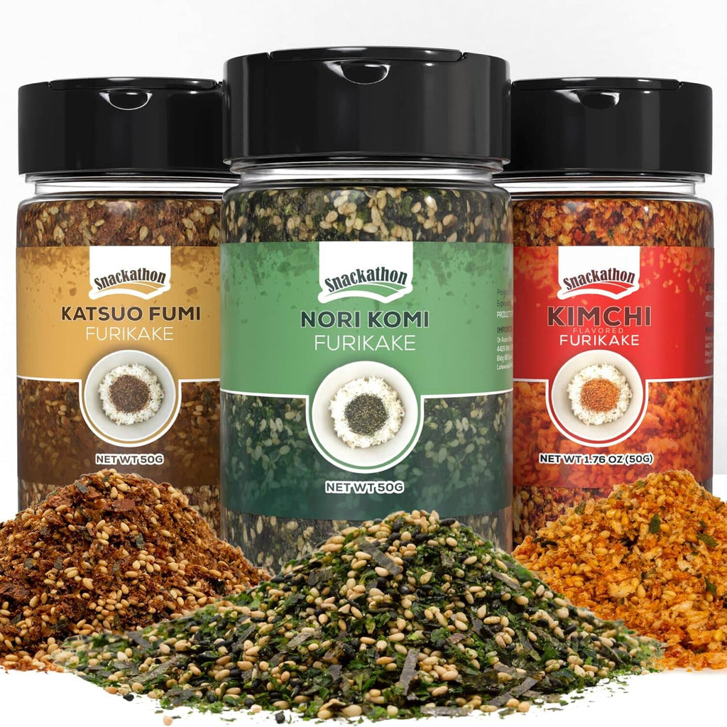 Snackathon Furikake Rice Seasoning, 3-Flavor Bundle (Nori Komi, Katsuo Fumi, Kimchi Flavored)