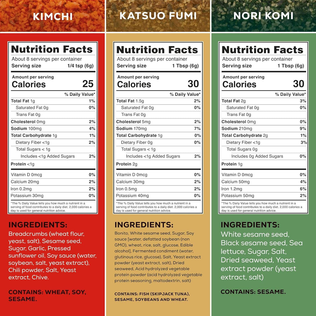 Snackathon Furikake Rice Seasoning, 3-Flavor Bundle (Nori Komi, Katsuo Fumi, Kimchi Flavored)