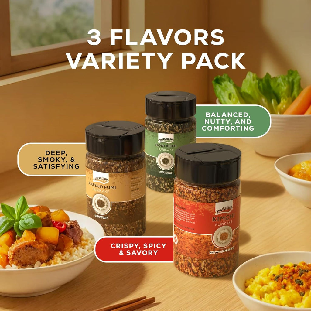 Snackathon Furikake Rice Seasoning, 3-Flavor Bundle (Nori Komi, Katsuo Fumi, Kimchi Flavored)