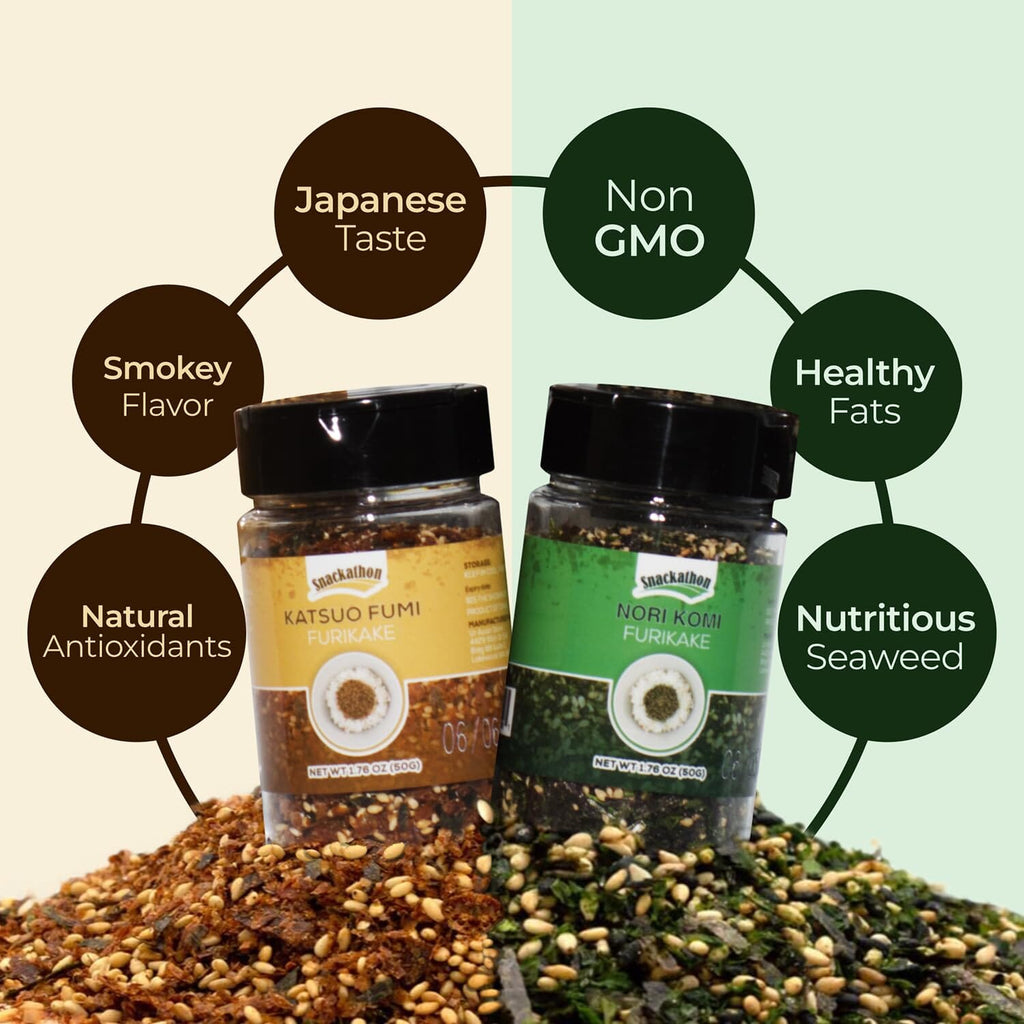 Snackathon Furikake Rice Seasoning, Japanese Spices Topper for Rice Ball, Salad, Stir Fried Vegetables (Pack of 2, Nori Katsuo)
