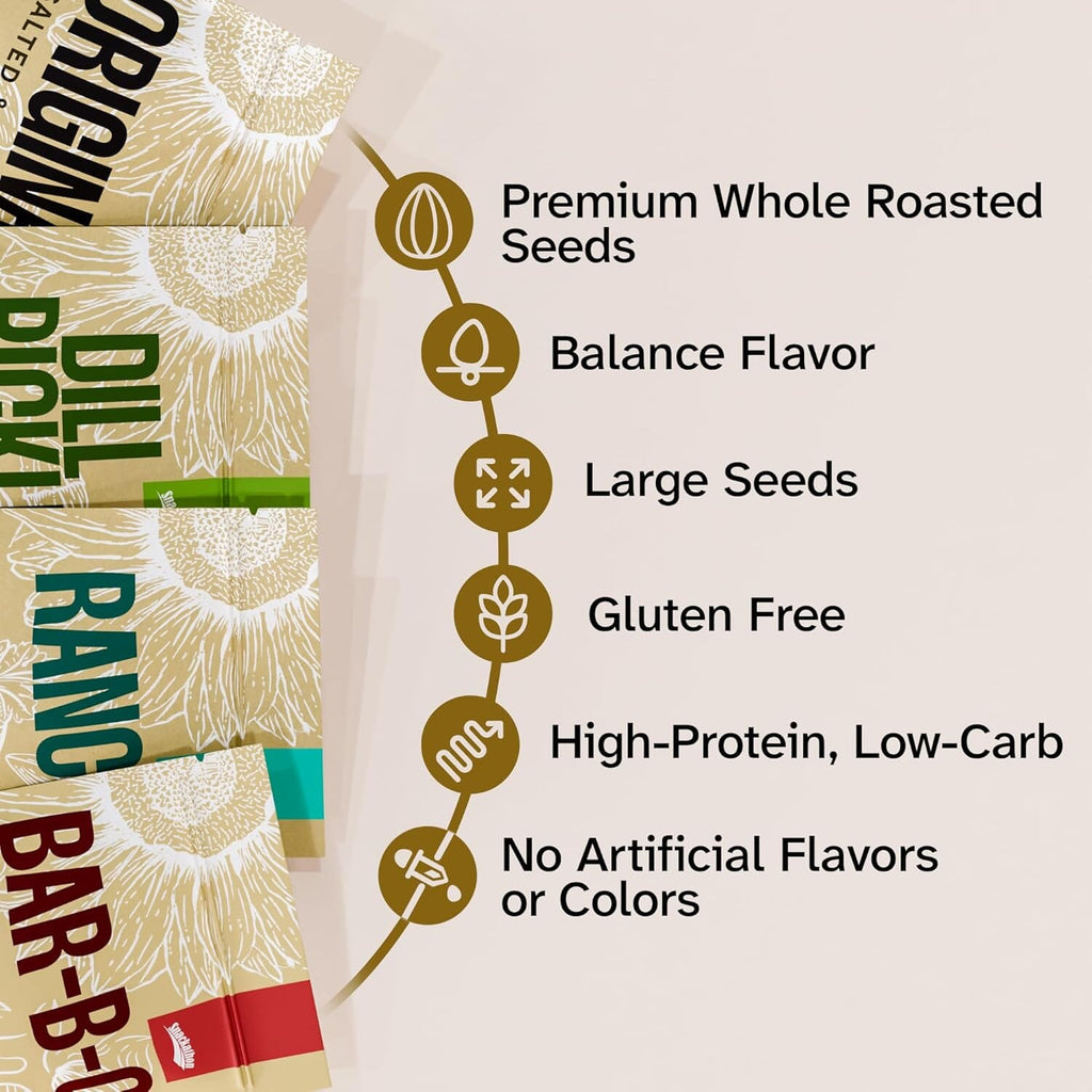 Snackathon In-Shell Roasted Sunflower Seeds – 4 Flavor Variety Pack (Original, Ranch, BBQ, Dill Pickle), 4 Resealable Bags, Premium Snack