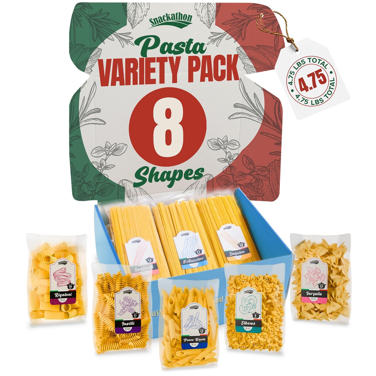 Snackathon Italian Pasta Assortment Box, Variety Shapes, Made in Italy, Gift-Ready for Home Chefs & Pasta Lovers