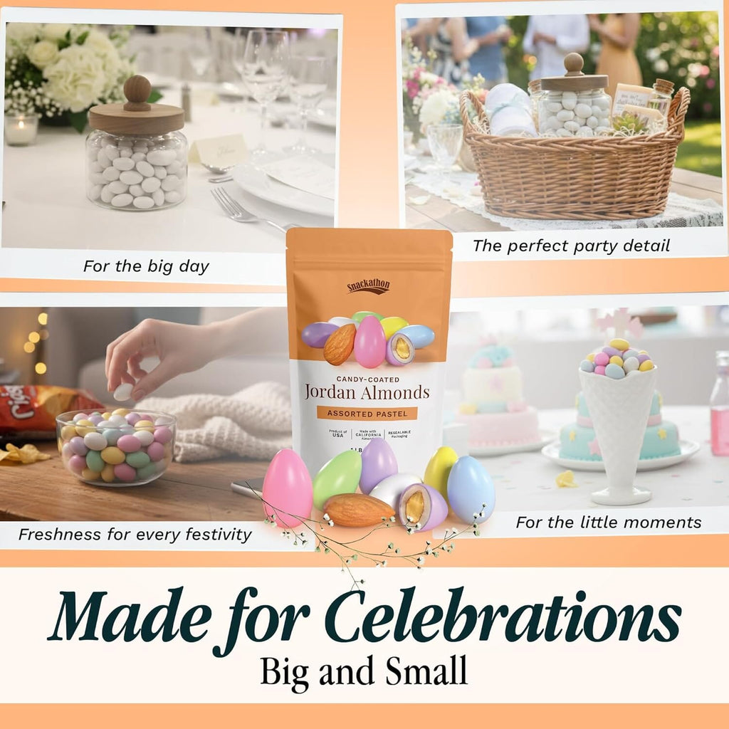 Snackathon Jordan Almonds, Assorted Pastel Candy-Coated Almonds, 1 LB Resealable Bag