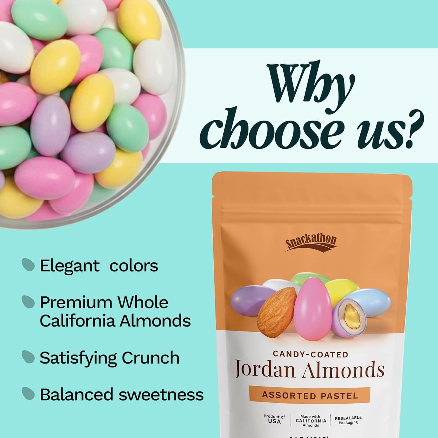 Snackathon Jordan Almonds, Assorted Pastel Candy-Coated Almonds, 1 LB Resealable Bag