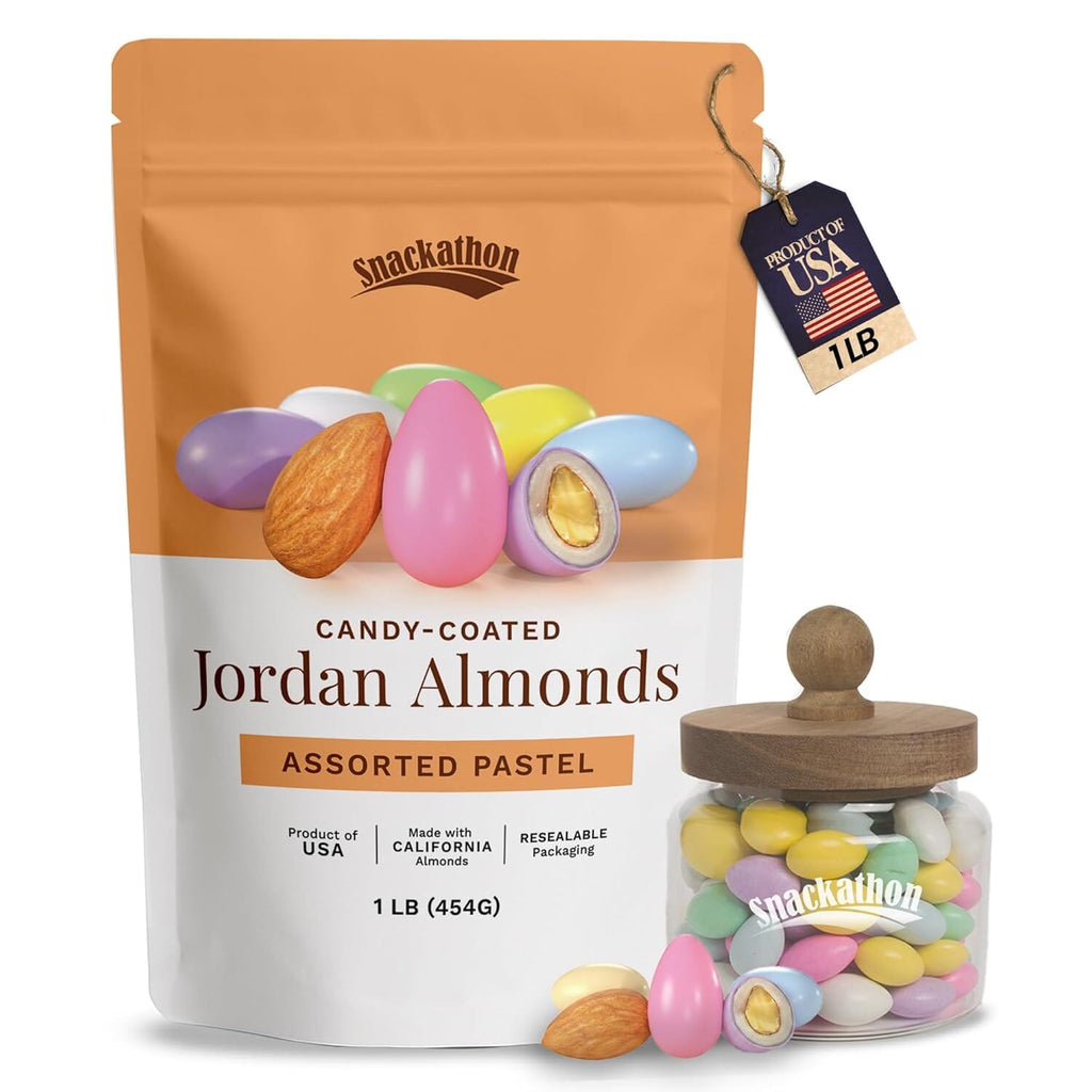 Snackathon Jordan Almonds, Assorted Pastel Candy-Coated Almonds, 1 LB Resealable Bag