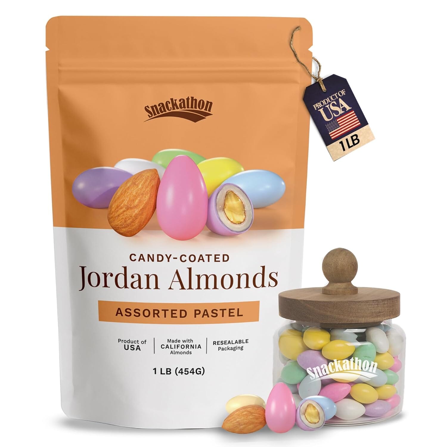 Snackathon Jordan Almonds, Assorted Pastel Candy-Coated Almonds, 1 LB Resealable Bag