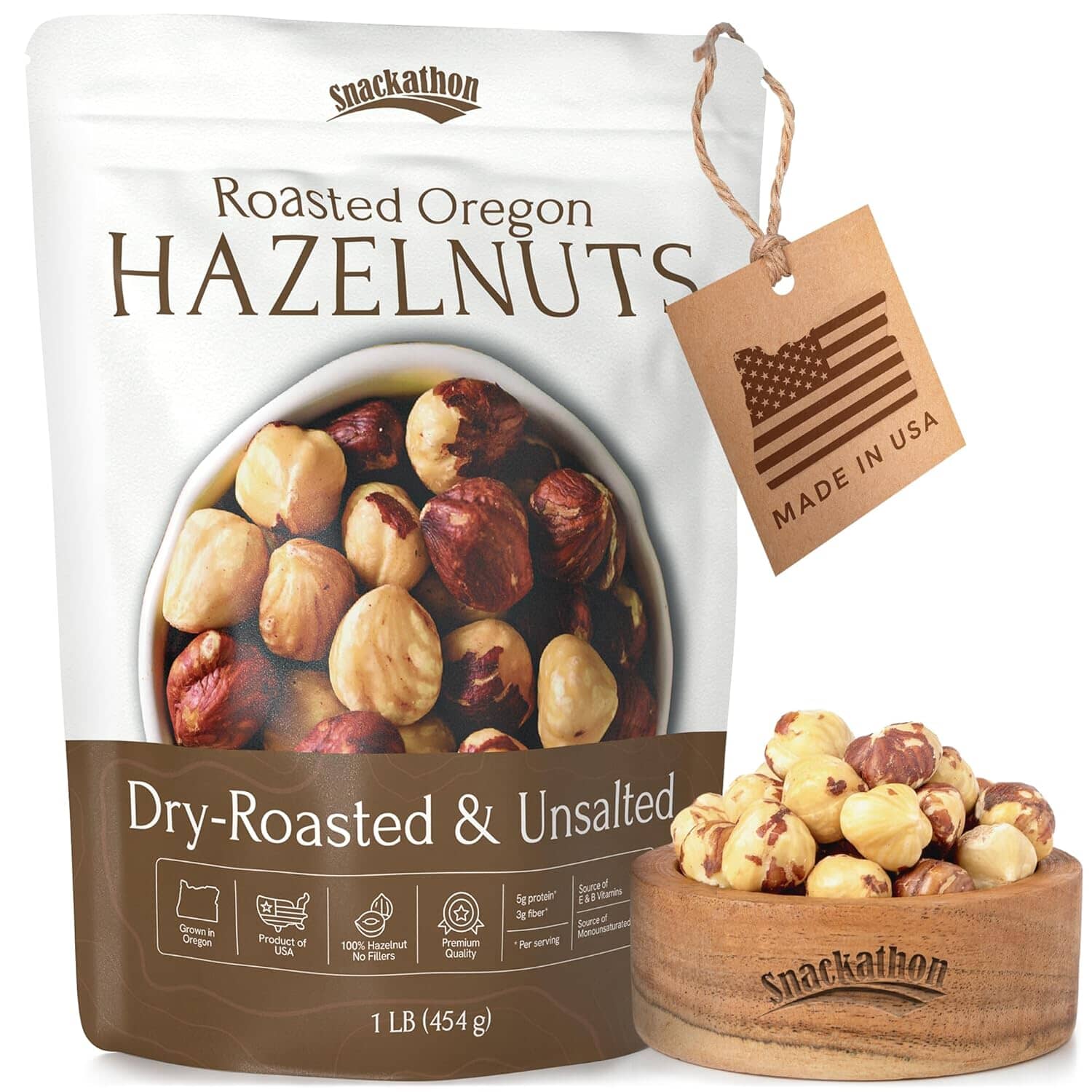 Snackathon Roasted Oregon Hazelnuts, Unsalted, Dry Roasted, Whole Filberts, Premium Natural Nuts Grown in USA, 1 LB Resealable Bag, Healthy Snack, Ideal for Baking, Nut Butters & Recipes
