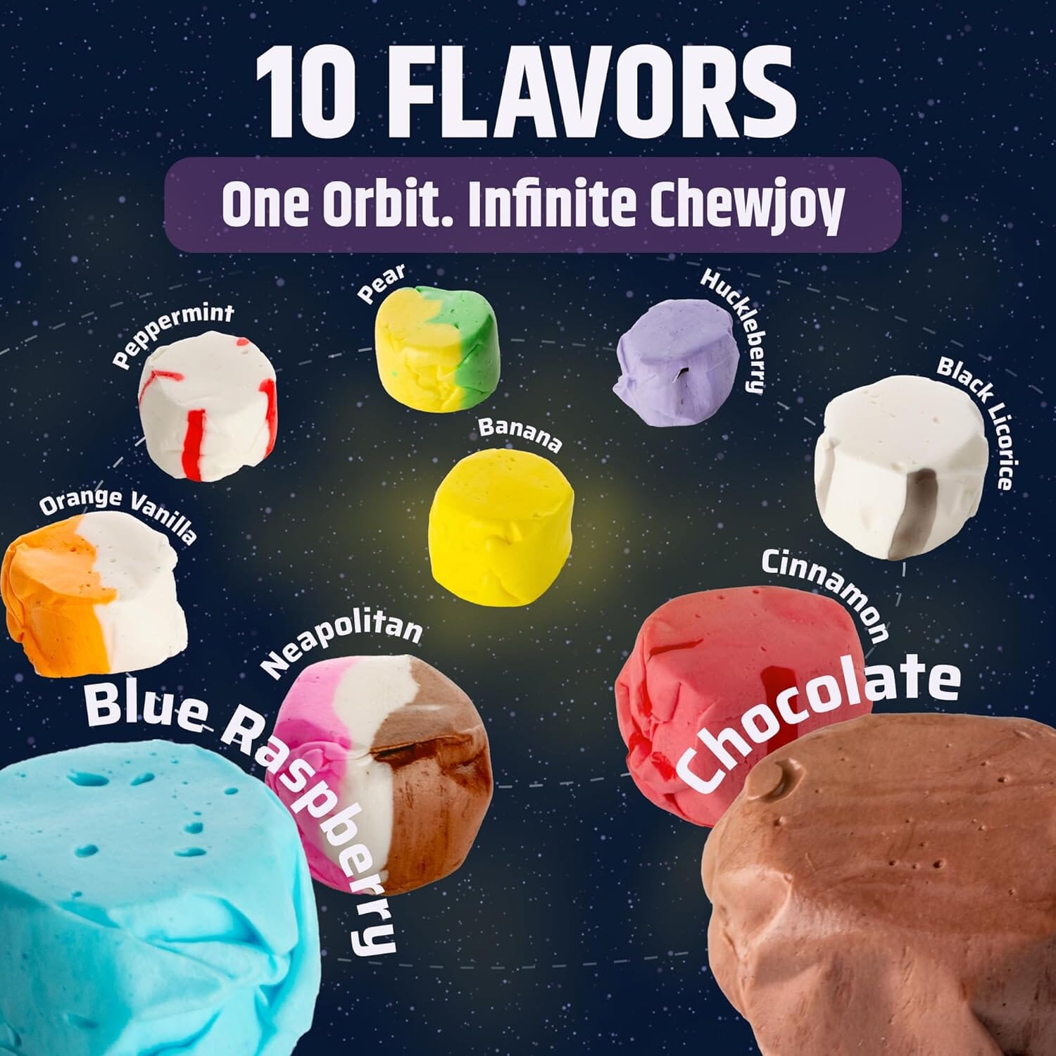 Snackathon Salt Water Taffy Assorted Mix – Chewniverse Edition, 10 Flavor Variety, Individually Wrapped Soft & Chewy Gourmet Candy, Unique 7 oz Themed Bag for Gifting