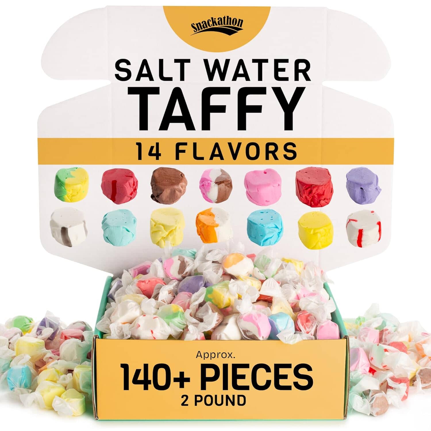 Snackathon Salt Water Taffy Assorted Mix – Flavor Variety, Bulk 2 LB Family Size, Soft & Chewy Gourmet Candy, Individually Wrapped Pieces