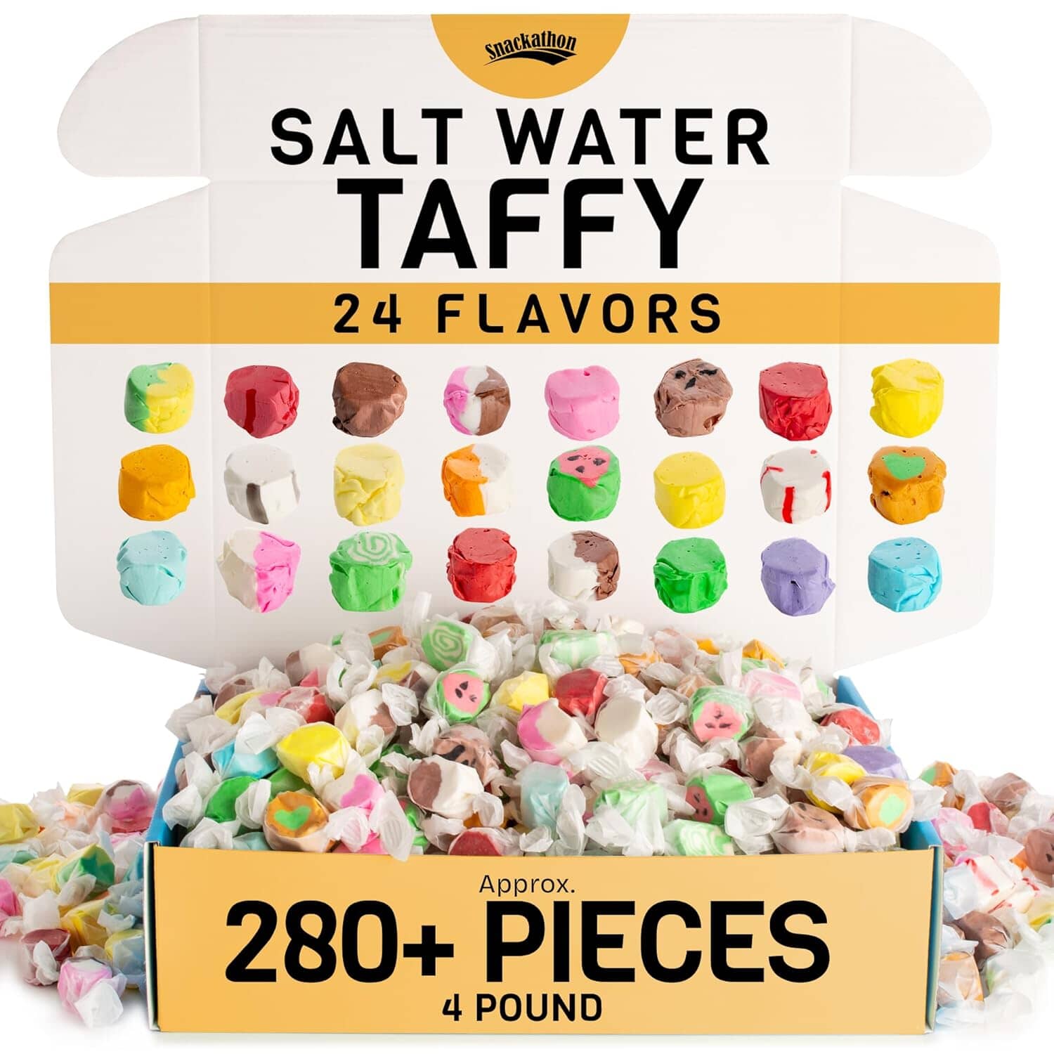 Snackathon Salt Water Taffy Assorted Mix – Flavor Variety, Bulk 2 LB Family Size, Soft & Chewy Gourmet Candy, Individually Wrapped Pieces