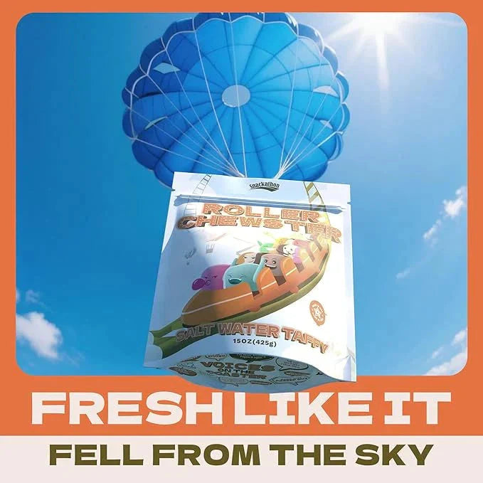 Snackathon Salt Water Taffy Assorted Mix – Roller Chewster Edition, 10-Flavor Carnival Variety, Individually Wrapped Soft & Chewy Gourmet Candy, Unique 15 oz Funfair-Themed Bag for Gifting