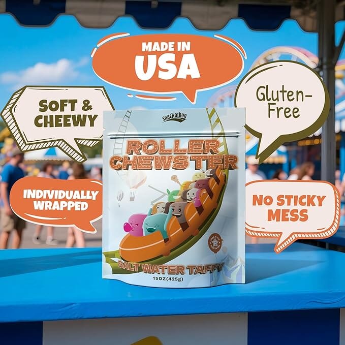 Snackathon Salt Water Taffy Assorted Mix – Roller Chewster Edition, 10-Flavor Carnival Variety, Individually Wrapped Soft & Chewy Gourmet Candy, Unique 15 oz Funfair-Themed Bag for Gifting