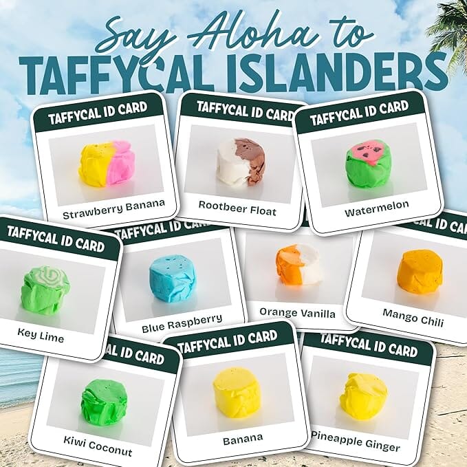 Snackathon Salt Water Taffy Assorted Mix – Taffycal Island Edition, 10-Flavor Tropical Variety, Individually Wrapped Soft & Chewy Gourmet Candy, Unique 7 oz Themed Bag for Gifting