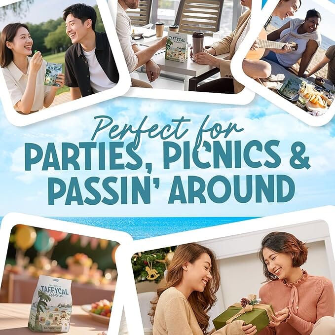 Snackathon Salt Water Taffy Assorted Mix – Taffycal Island Edition, 10-Flavor Tropical Variety, Individually Wrapped Soft & Chewy Gourmet Candy, Unique 7 oz Themed Bag for Gifting