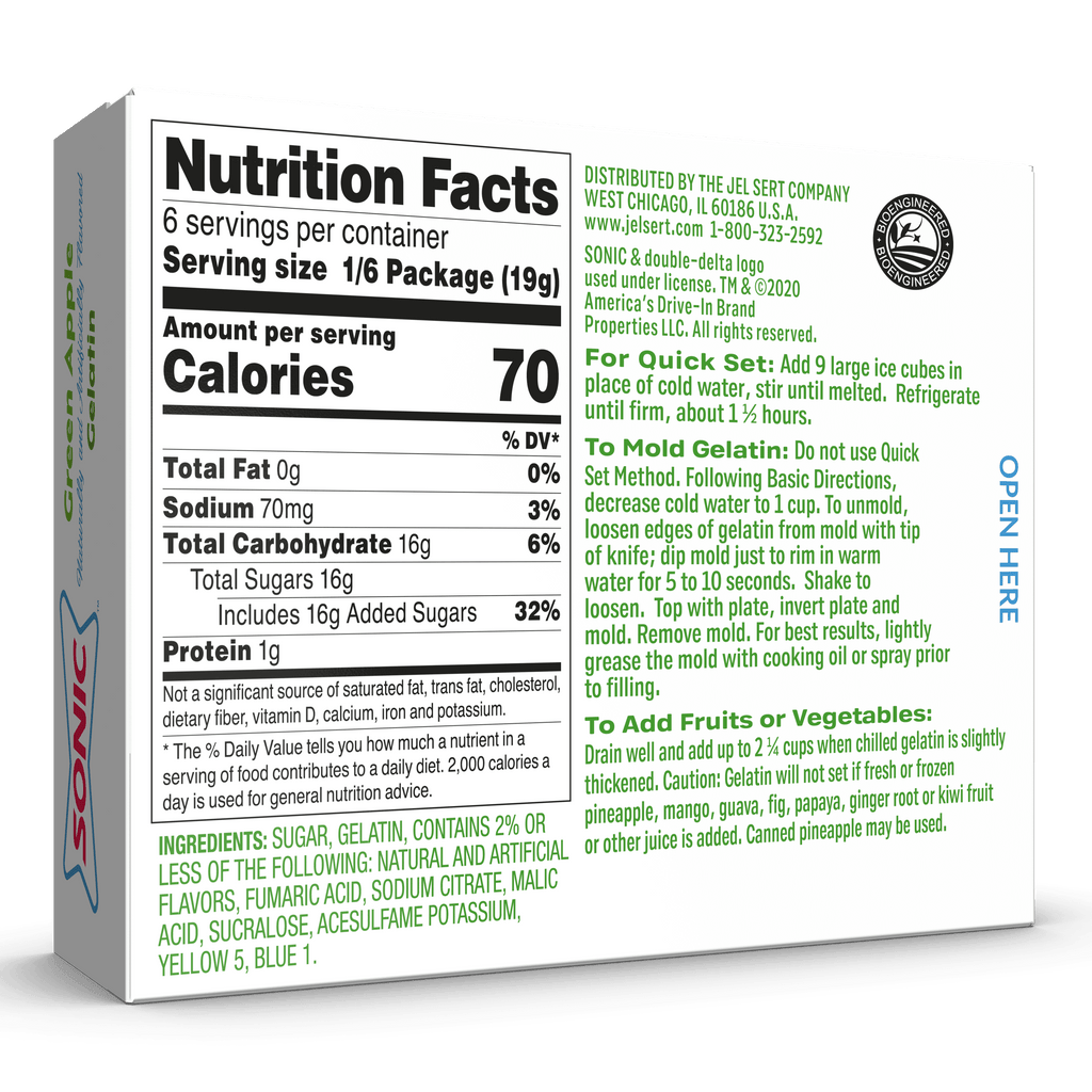 Sonic Green Apple Gelatin Mix, 6 Servings, 3.94 oz Cardboard Box