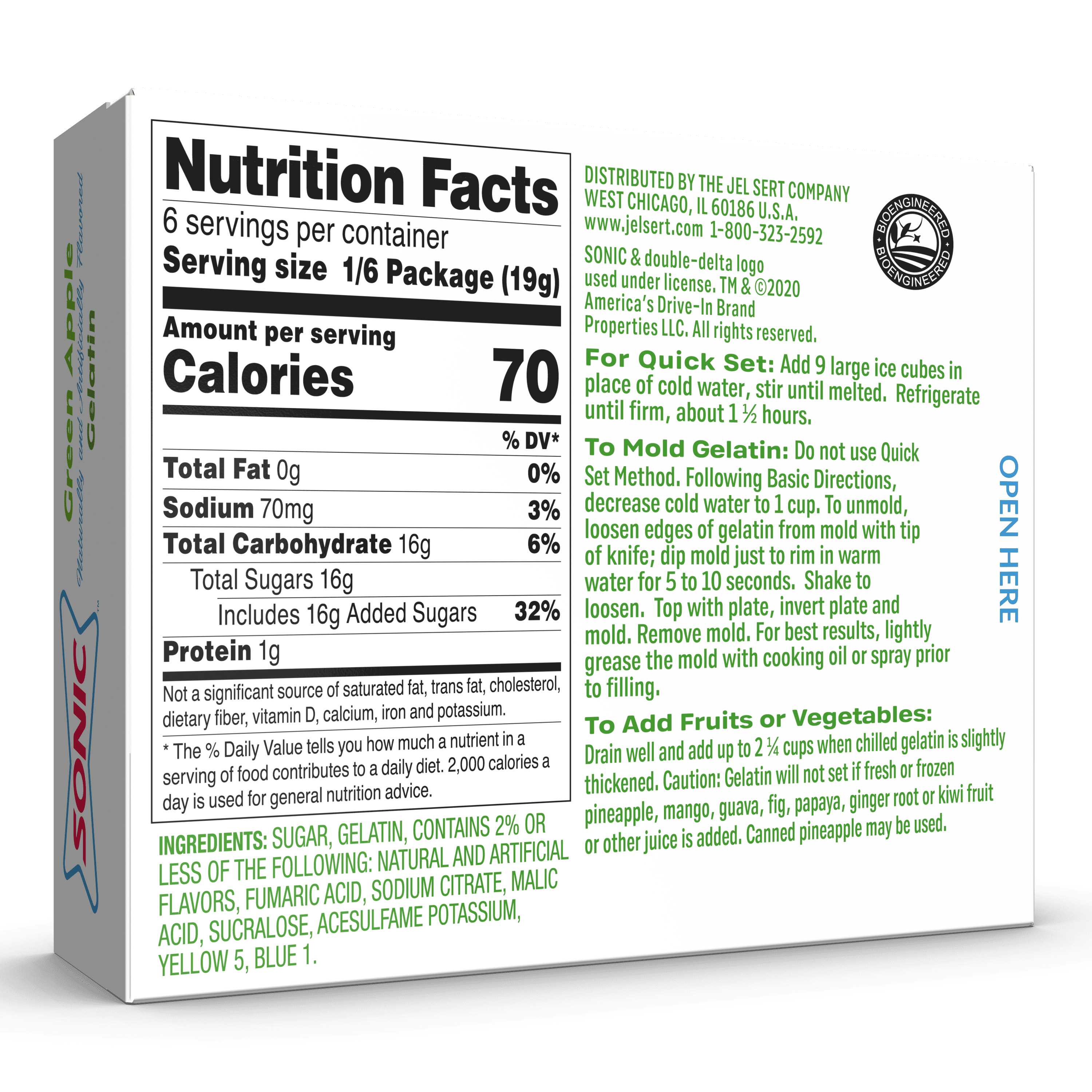 Sonic Green Apple Gelatin Mix, 6 Servings, 3.94 oz Cardboard Box