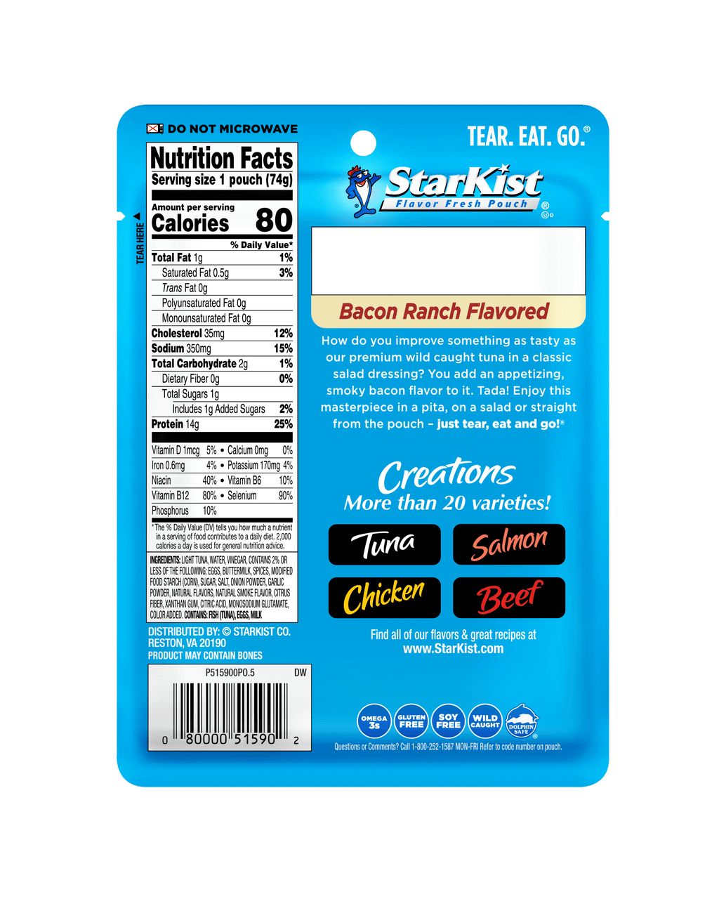 StarKist Tuna Creations, Bacon Ranch, 15g Protein, 2.6 oz Pouch