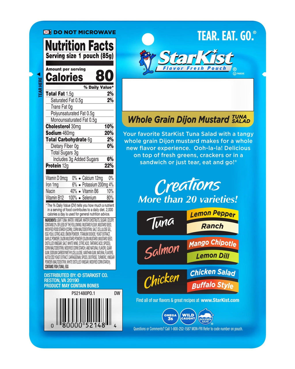 StarKist Tuna Creations, Whole Grain Dijon Mustard Tuna Salad, 12g Protein, 3 oz Pouch