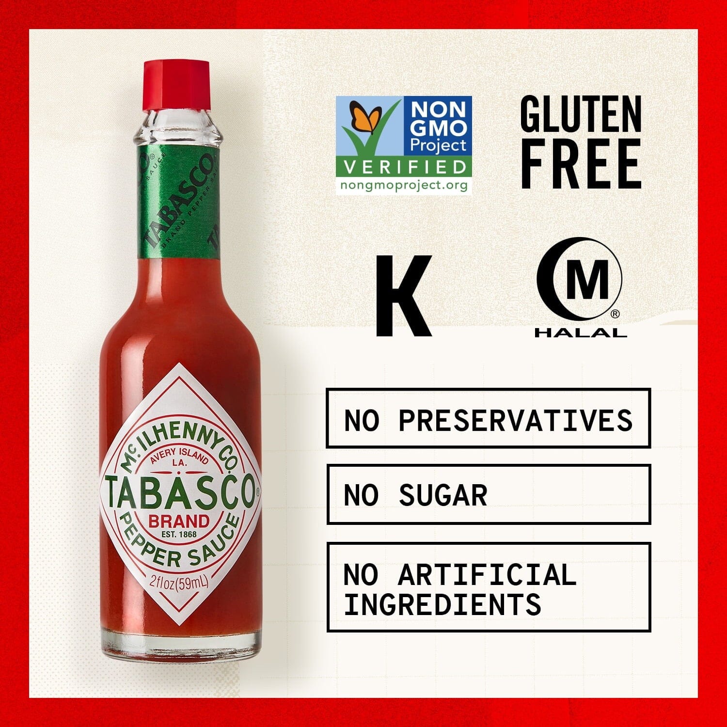 Tabasco Original Red Pepper Sauce, 2 oz, Regular Glass Hot Sauce Bottle, Gluten Free